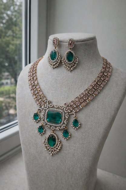 Victorian Emerald & Pink Stone Statement Necklace Set