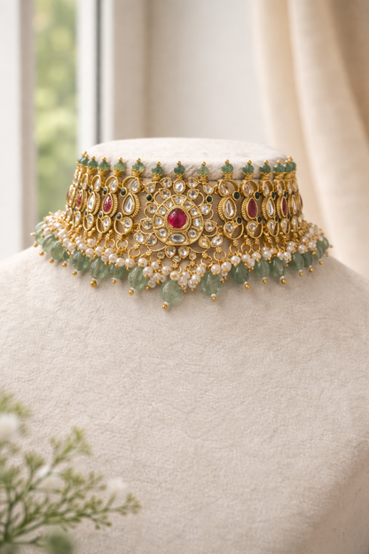 Polki & Kundan Choker Necklace Set with Pearl Drops