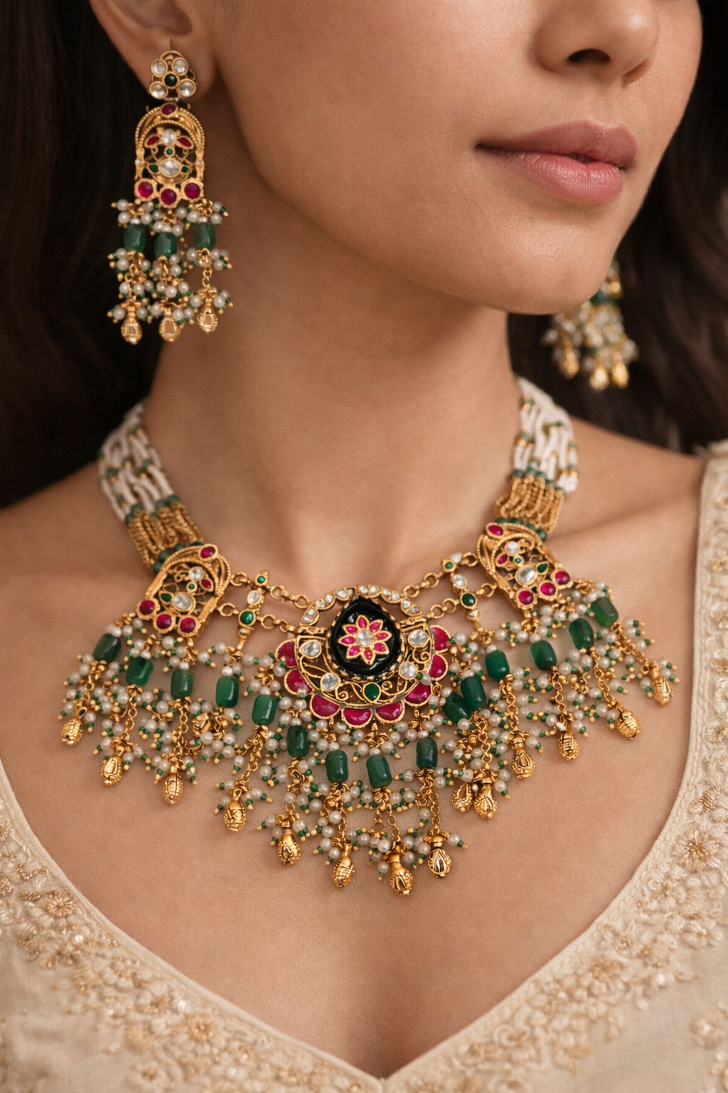 Exquisite Pachi Kundan Pearl & Green Bead Bridal Necklace Set with Earrings