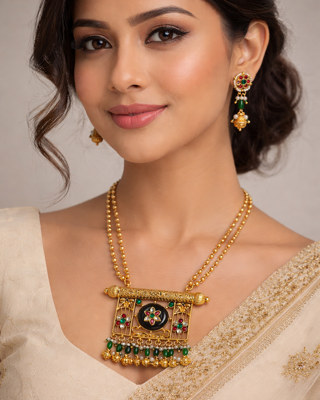 Pachi Kundan" Style Gold-Plated Copper Necklace & Earring Set