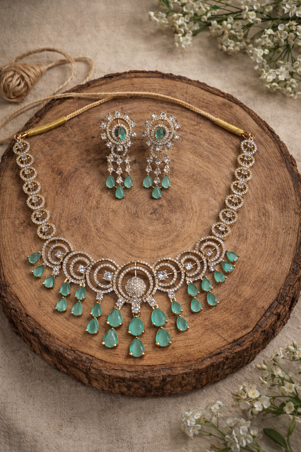 Emerald & Diamond Look Gold-Plated Necklace Set