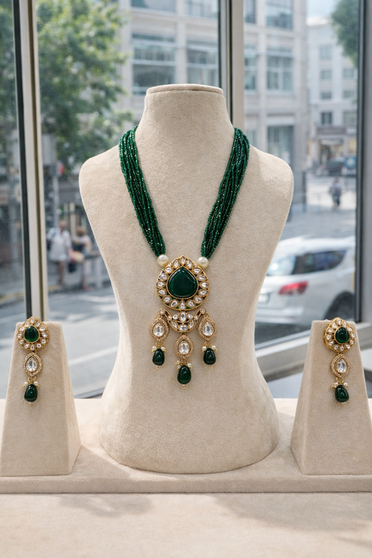 Kundan Polki Onyx Beads Gold Tone Long Pendant Necklace set