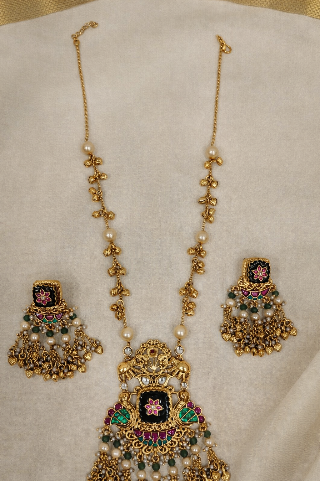 Heritage Style Kundan & Pearl Long Necklace Set with Matching Earrings-G356700