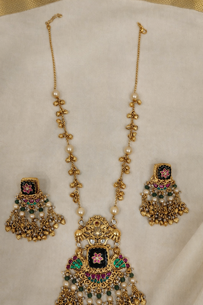 Heritage Style Kundan & Pearl Long Necklace Set with Matching Earrings-G356700