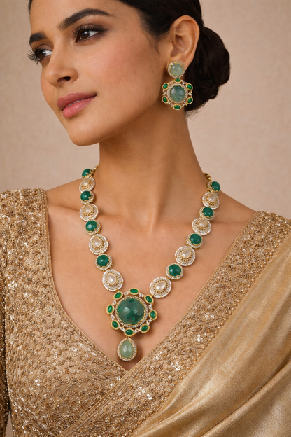 Sabyasachi Inspired Emerald & Kundan Polki Necklace Set-G354600