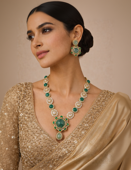 Sabyasachi Inspired Emerald & Kundan Polki Necklace Set-G354600