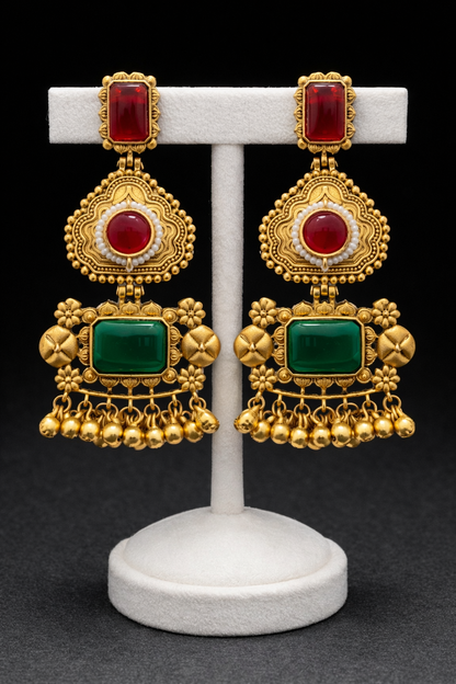 Antique Gold-Plated Drop Earrings with Red & Green Stone-G351100