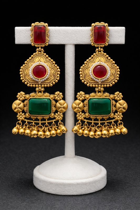 Antique Gold-Plated Drop Earrings with Red & Green Stone-G351100