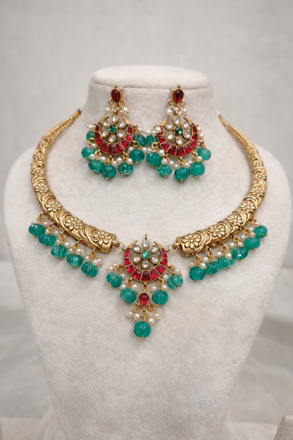Ethnic Red & Green Kundan Choker Set with Matching Earrings