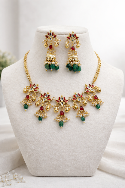 Gold-Plated Jadau Kundan Lotus Necklace Set-G353300