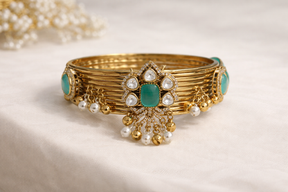 Emerald & Diamond Kundan Pearl Drop Bangle Bracelet