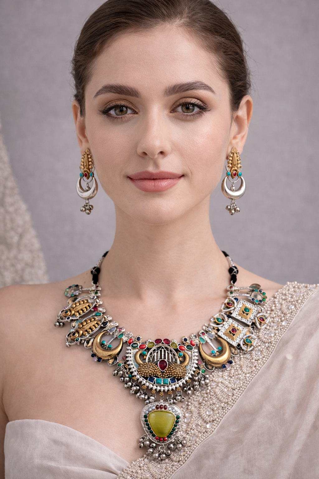 Oxidized Silver Peacock Motif Navratna Necklace Set-G353800