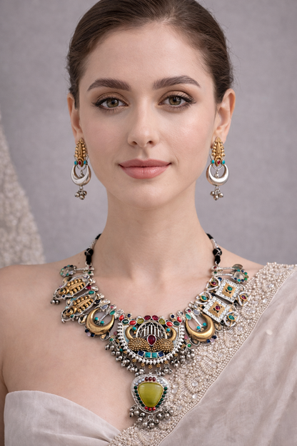Oxidized Silver Peacock Motif Navratna Necklace Set-G353800