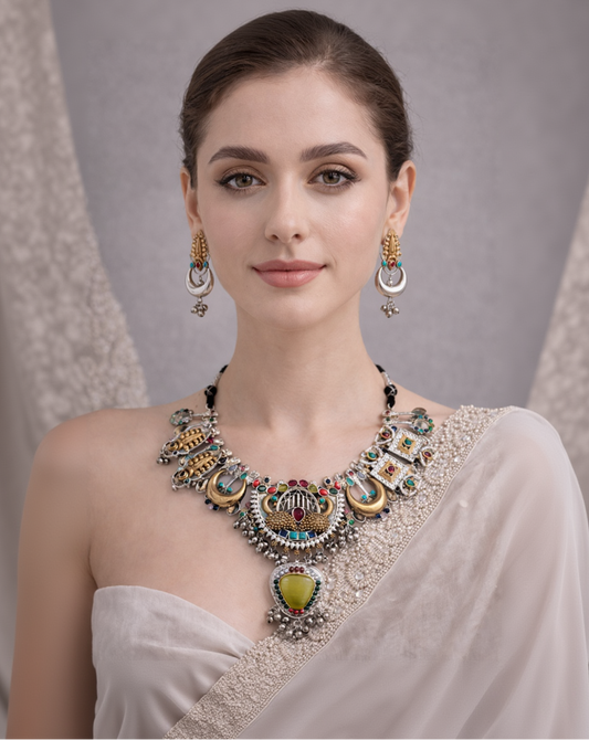 Oxidized Silver Peacock Motif Navratna Necklace Set-G353800