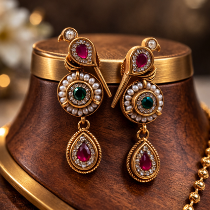 Antique Gold-Toned Kempu Stone Pendant Set with Matching Earrings-G351700