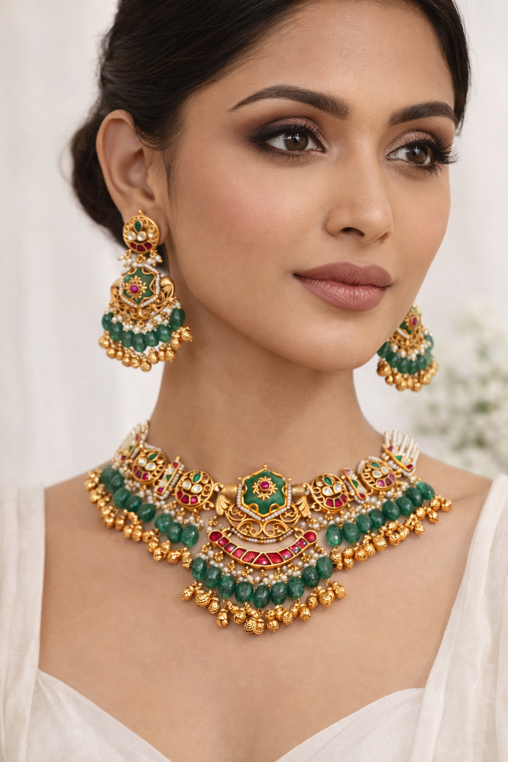 Emerald Green Kundan Choker Necklace Earrings Set: