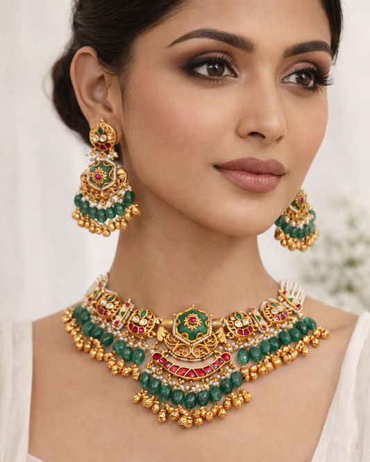 Emerald Green Kundan Choker Necklace Earrings Set-G3511300