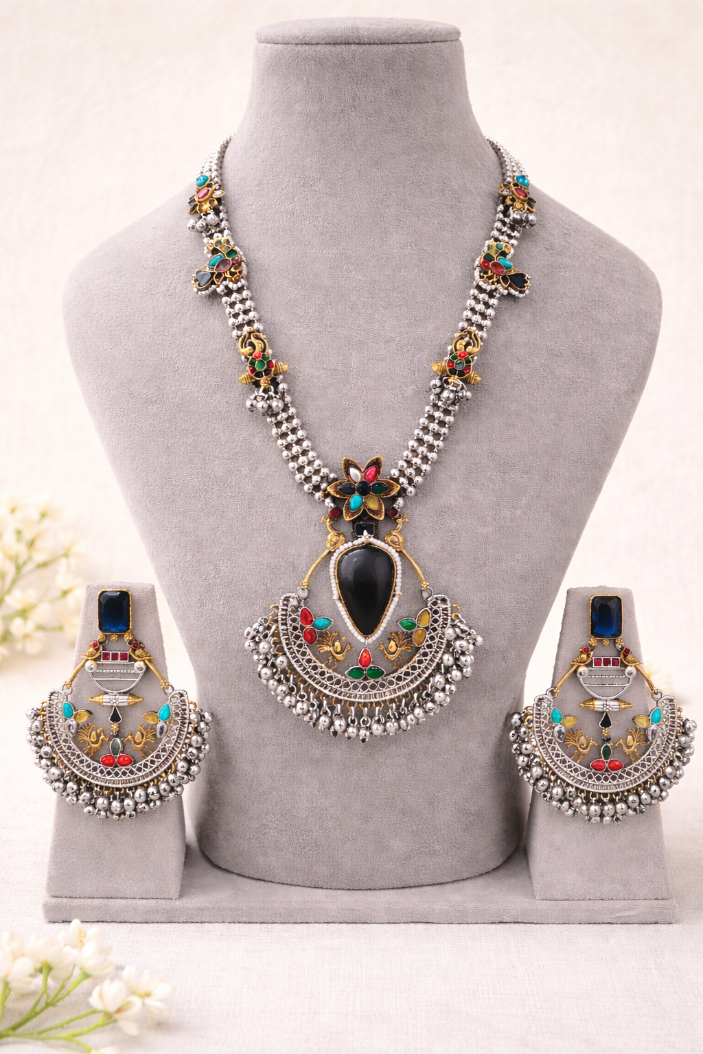 Oxidized Silver Navratri special Blue Stone Necklace Set-G353800