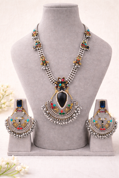Oxidized Silver Navratri special Blue Stone Necklace Set-G353800