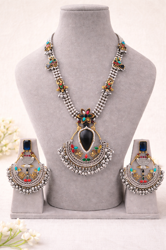 Oxidized Silver Navratri special Blue Stone Necklace Set-G353800
