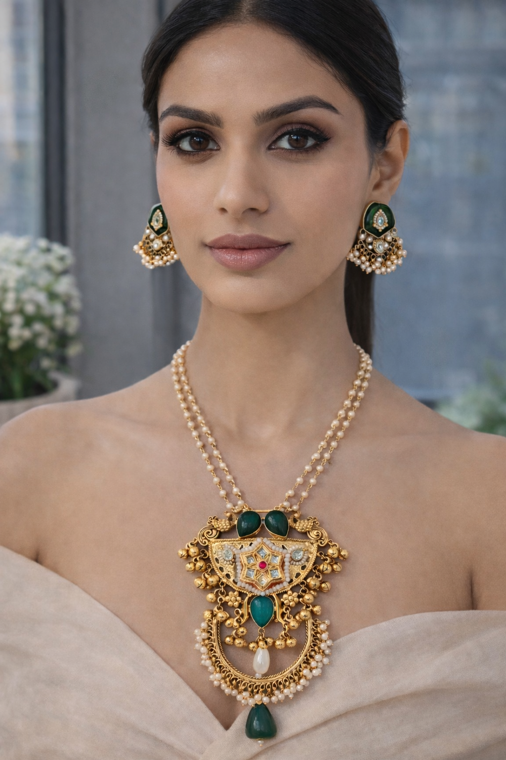 Emerald & Pearl Kundan-Style Gold-Toned Pendant Set-G353300