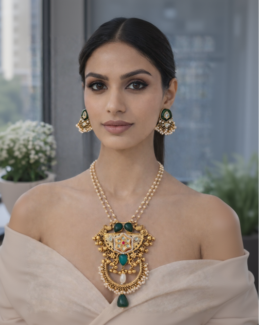Emerald & Pearl Kundan-Style Gold-Toned Pendant Set-G353300