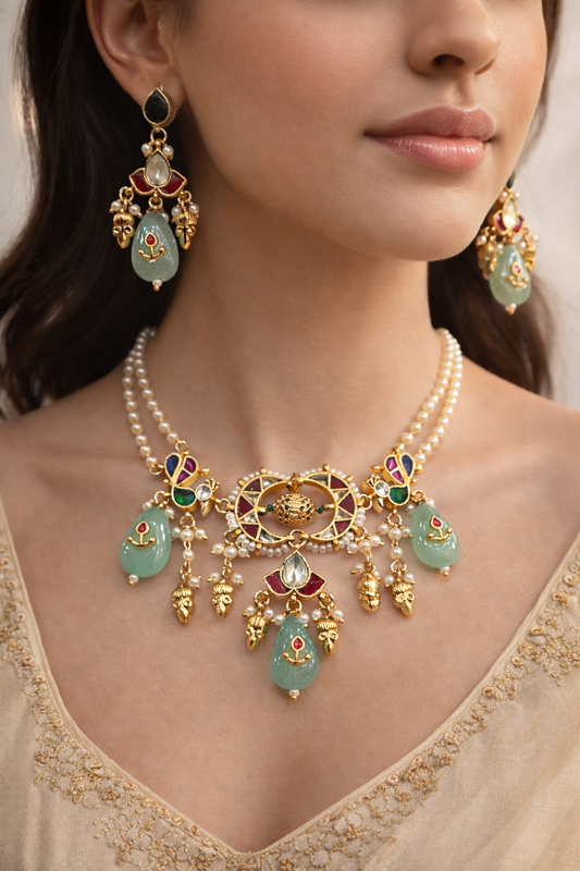 Elegant Gold-Plated Kundan Style Choker Set with Jade Drops & Pearls