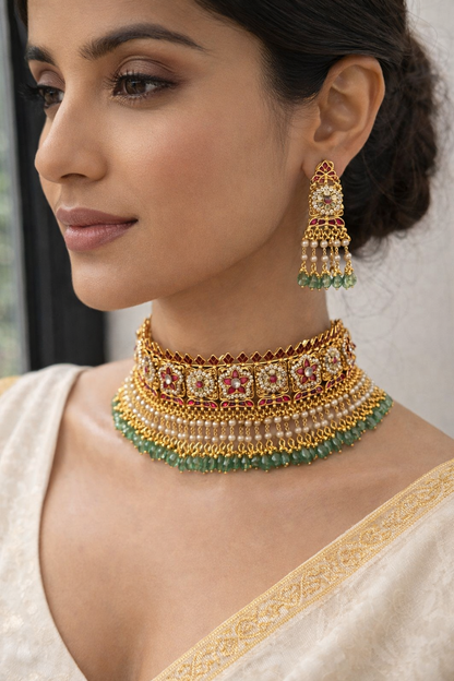 Pachi Kundan Jadav Choker Necklace Set