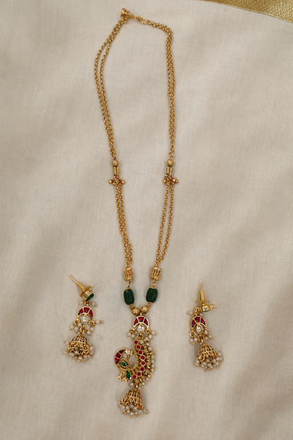 Antique Peacock Pendant in Green Beads Chain with Matching Jhumka Earrings-G352600