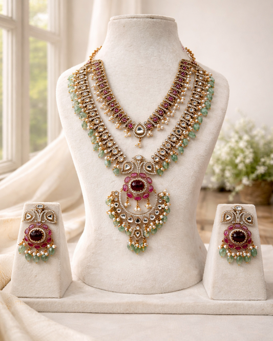 Ruby Kundan Polki Bridal Necklace Set-G357200