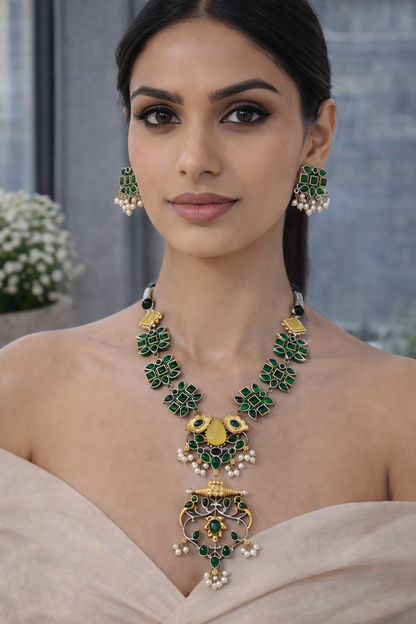 Oxidised Green Kundan & Pearl  Choker Necklace Set-G352400