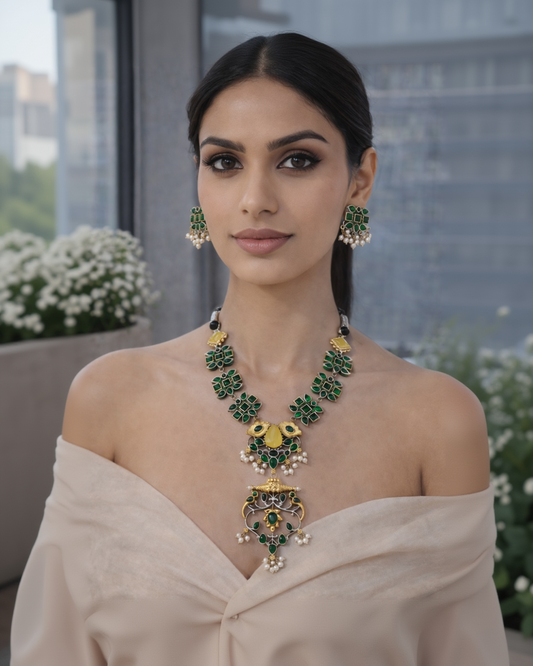 Oxidised Green Kundan & Pearl  Choker Necklace Set-G352400