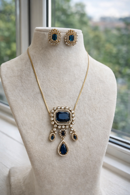 Royal Blue & Crystal Gold-Toned Pendant Set