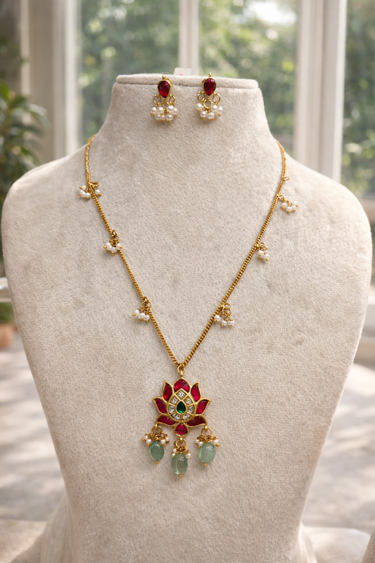 Thin Layer Lotus Necklace with Pearl Drops