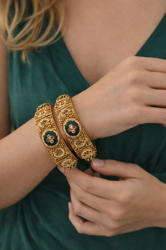 Green Onyx Heritage Bangles(Set of 2)