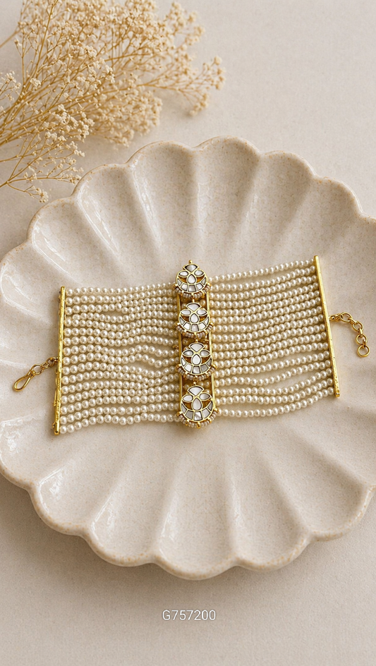 Handcrafted Jadau Kundan Bahi Pearl Bracelet - G387300