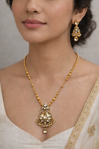 Kundan Polki & Pearl Gold-Plated Pendant Set