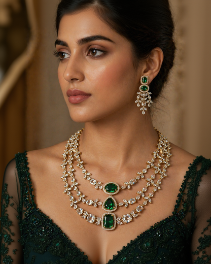 Victorian Emerald & Diamond Replica Statement Necklace Set-G353800