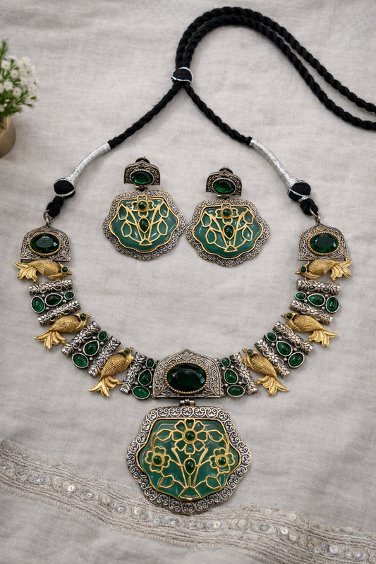Oxidized Silver & Gold Plated Green Stone Jewellery Set-G352800