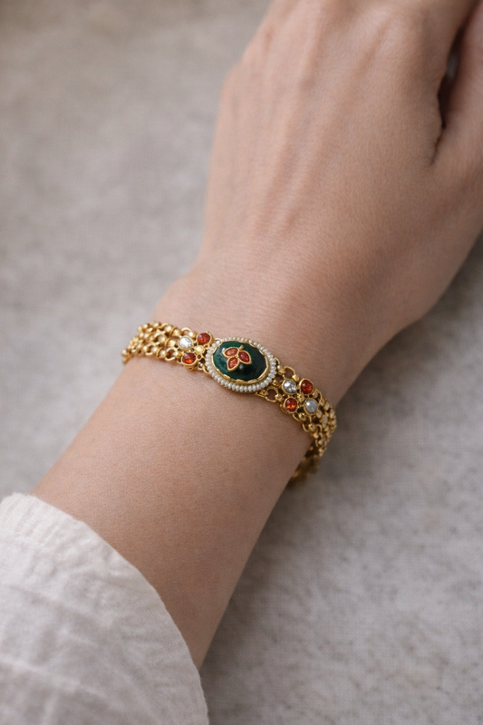 Golden Toned Cuff Bracelet with Green Onyx Stones