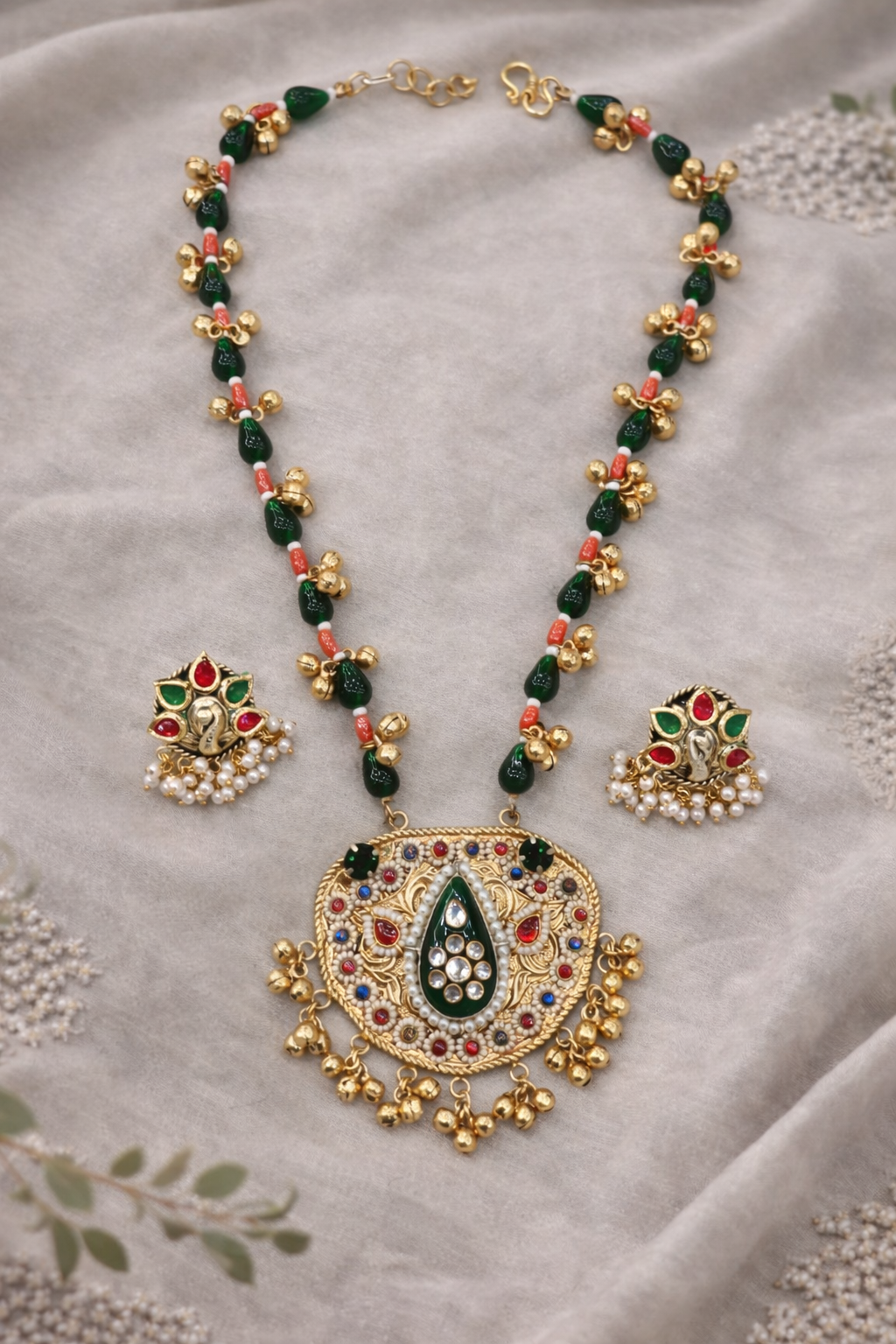 Fusion Green & Gold Kundan Style Necklace Set-G353300