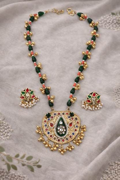 Fusion Green & Gold Kundan Style Necklace Set-G353300
