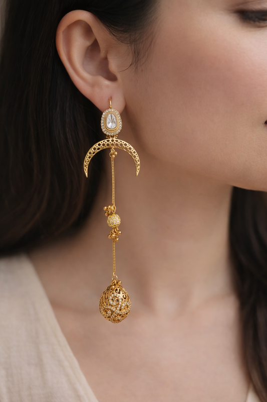 Gold-Plated Mossainte Long Kashmiri Earrings