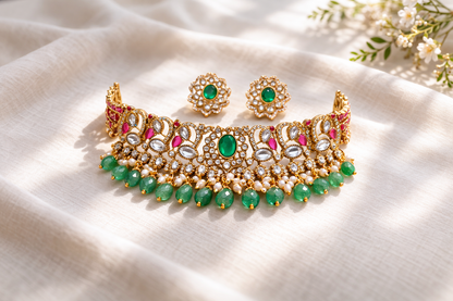 Regal Emerald & Ruby Polki Choker Necklace Set