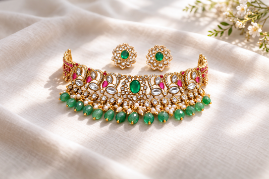 Regal Emerald & Ruby Polki Choker Necklace Set