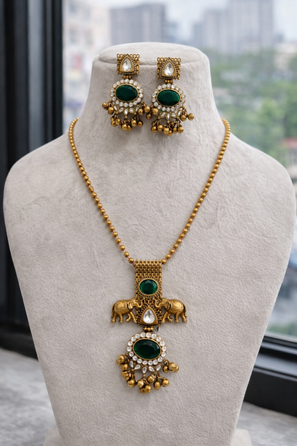 Emerald Elegance" Elephant Motif Gold-Toned Pendent Set-G351500