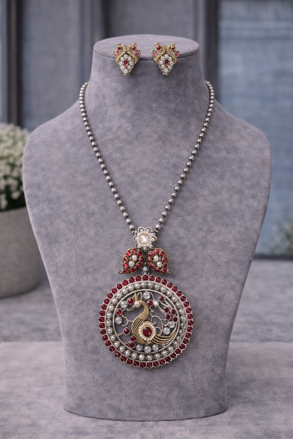 Oxidized Silver Peacock Pendant Necklace Set-G351600