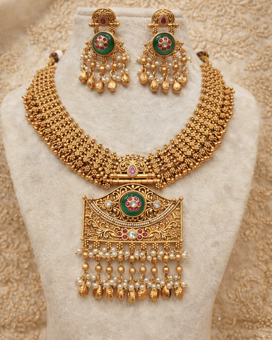 Classic Indian Temple Jewelry Choker with Pearl Drops-G355800