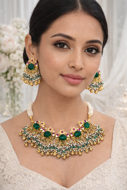 Emerald Green Carved Stone & Pearl Kundan Style Choker Necklace Set with Earrings