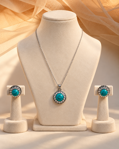 Turquoise Silver Tone Pendant Set-PS2308